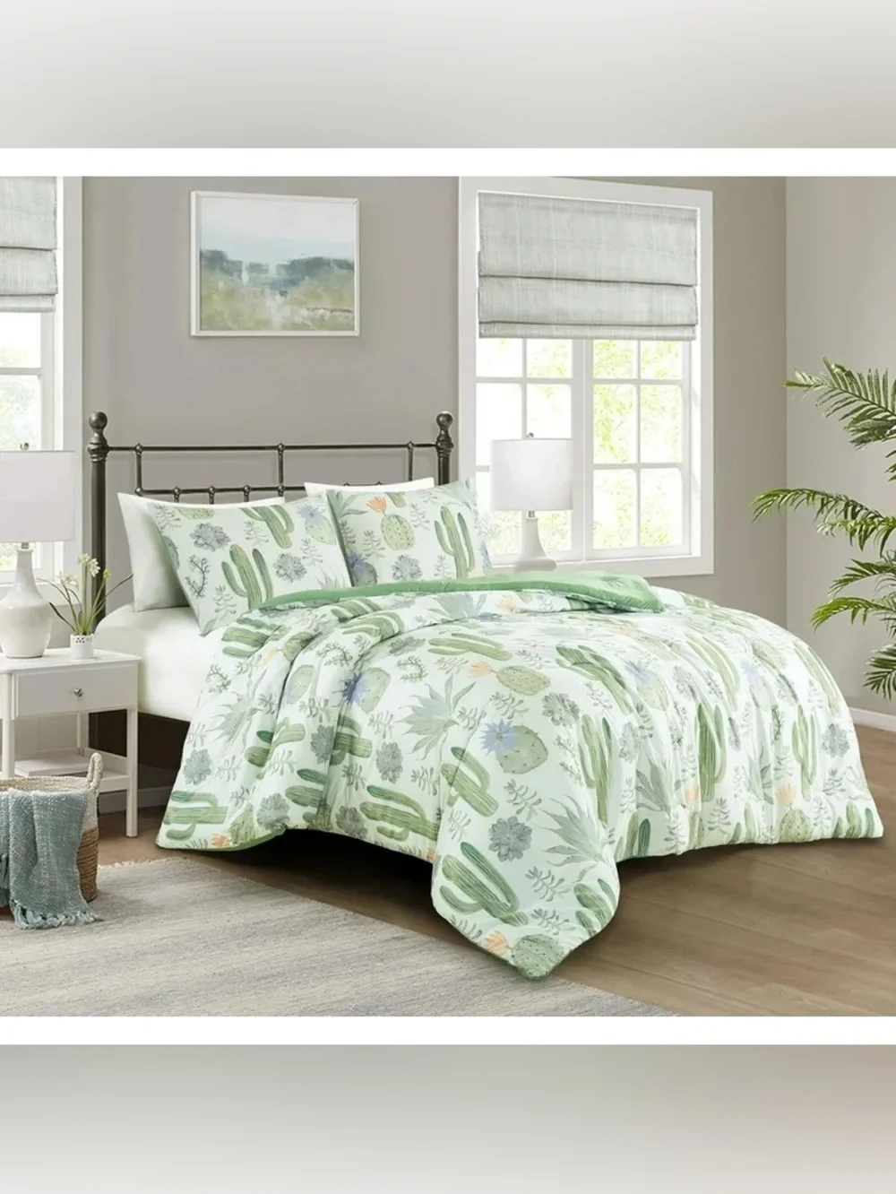 Cactus Print Green Reversible California king 3 piece Comforter Set
